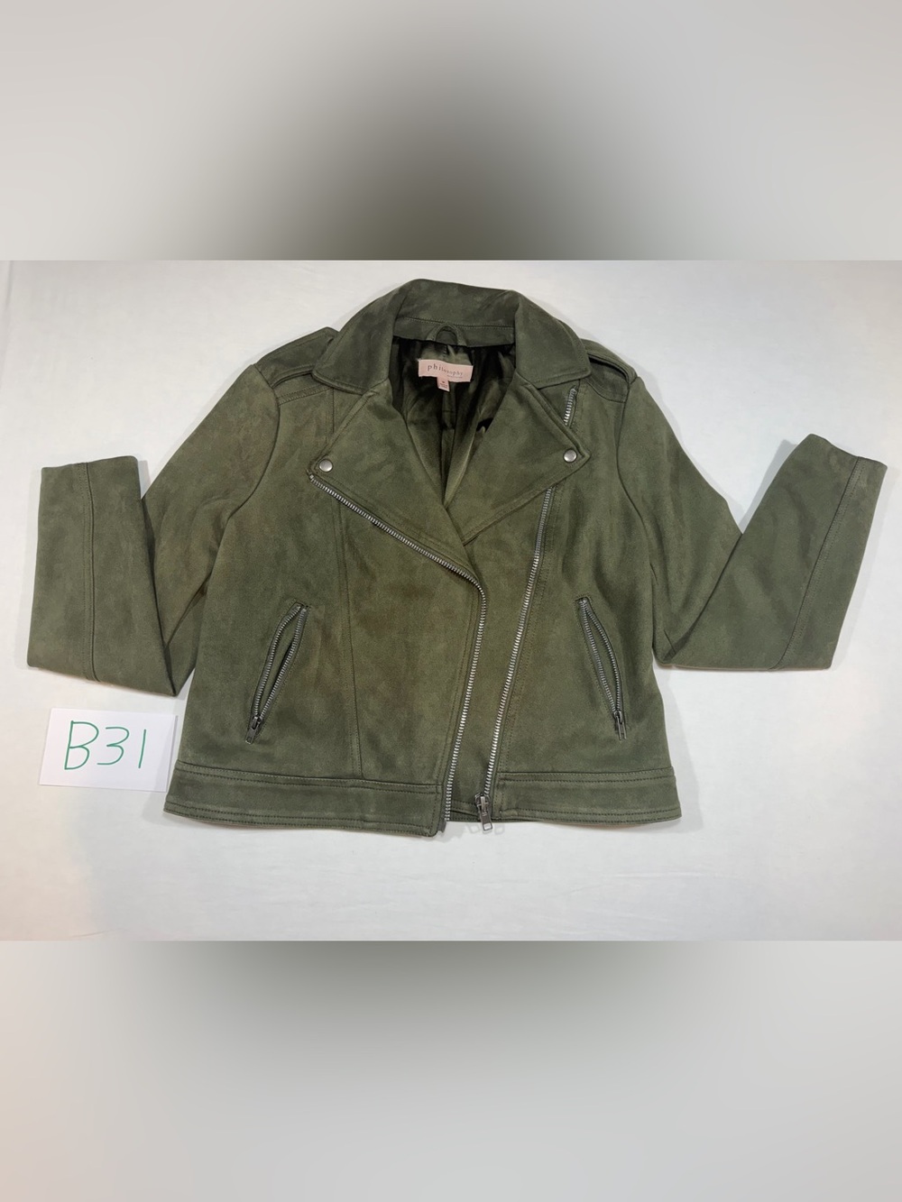 philosophy Olive Green Suede Moto Jacket with Silver Hardware